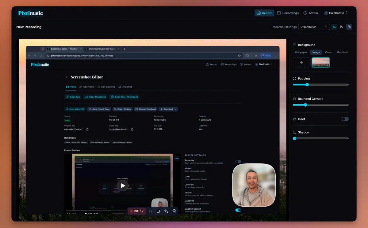 The Pixelmatic recorder, capturing screen and camera in the browser.