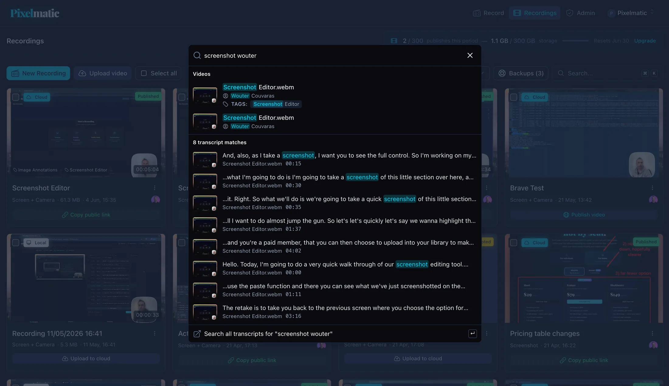 Pixelmatic library search showing transcript matches across a team's recordings.